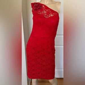 Oleg Cassini Red Sheer Lace Beading Asymmetrical Shoulder Evening Dress 2